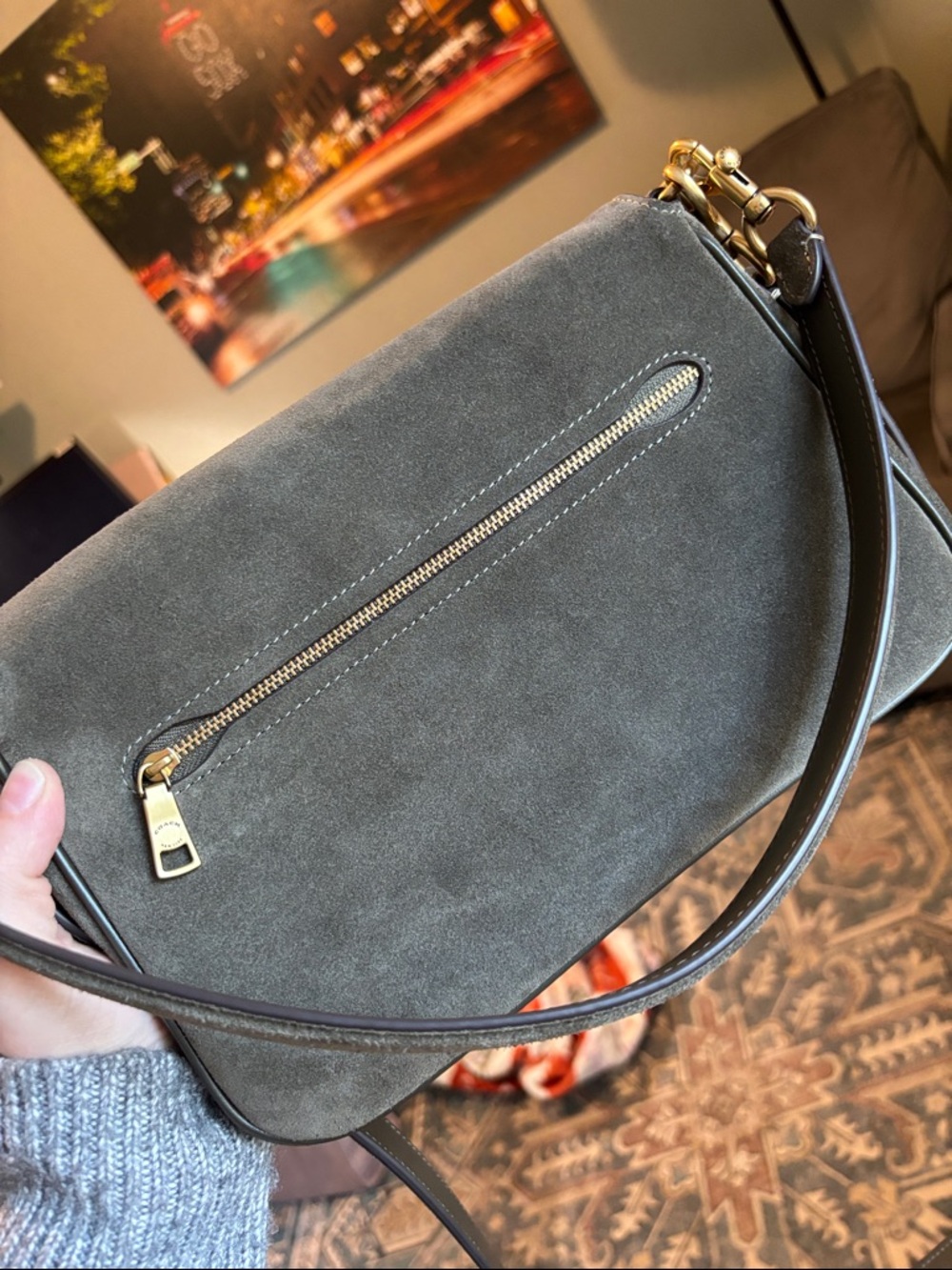 Coach Soft Tabby Olive Suede Shoulder Bag - Picture 15 of 15